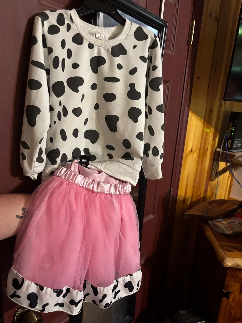 Kids Black & White Spot Pullover Top and Pink Tulle Skirt Set